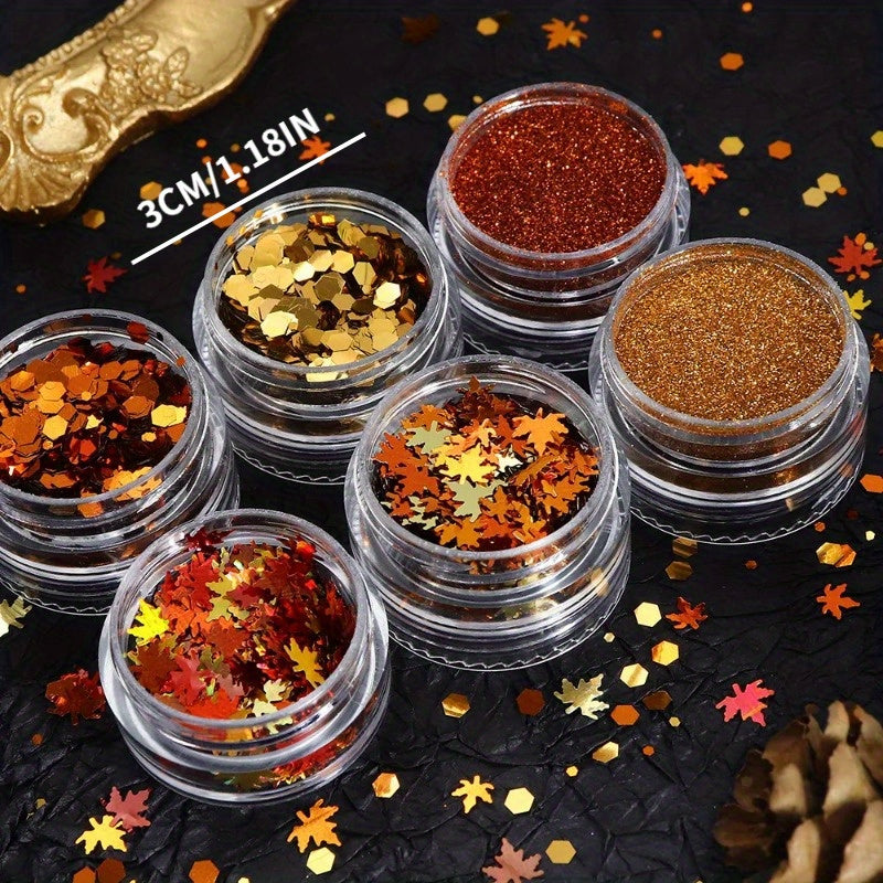 6pcs/Set Autumn Nail Art Set, Yellow Maple Glitter Sequins, Shiny Autumn Leaves Paillettes, Winter Furry Sugar Powder, No Fragrance, Nail Deco Accessories for Hand & Foot Care